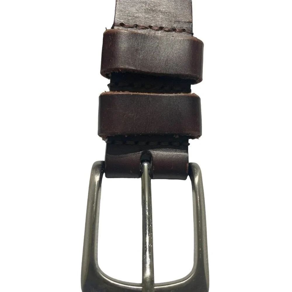 Mens Dark Brown Genuine Leather Belt Silver‎ Tone Buckle Casual Rugged Workwear